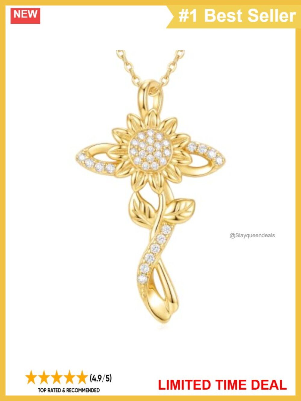 14k Gold Plated Sunflower Cross Pendant Necklace with Zircon